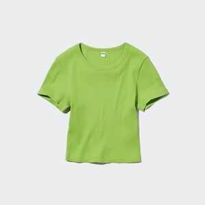 Uniqlo Green Ribbed Crop Top XS Fitted Short Sleeve Minimalist Y2K Casual Tee